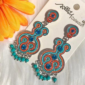 Boho Earrings Bead Silvertone Tassel Dangle Posts